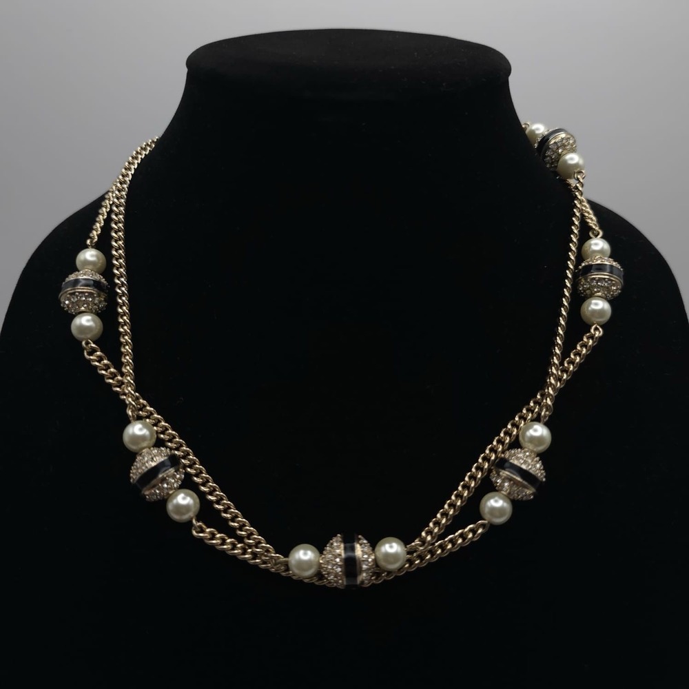 J.Crew Double Strand Faux Pearl Cream Enamel Rhinestone Necklace Gold Tone